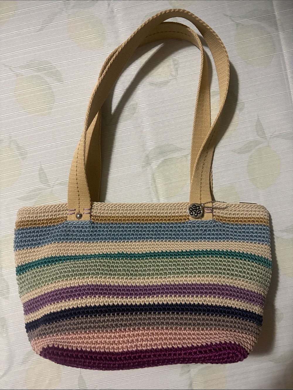 The sak Multicolor Striped Crochet Tote Bag with Beige Handles